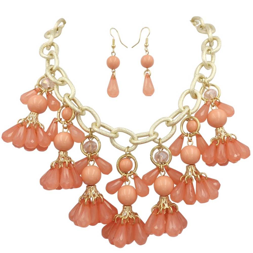 Peach Pink Chunky Bead Cluster Gold Statement Necklace Earrings Set
